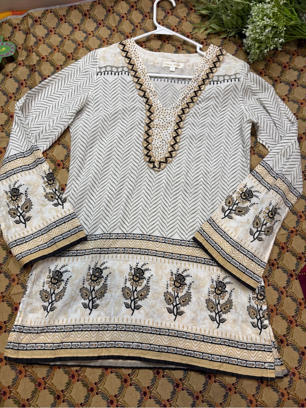 India beaded accents V Neck Tunic Top